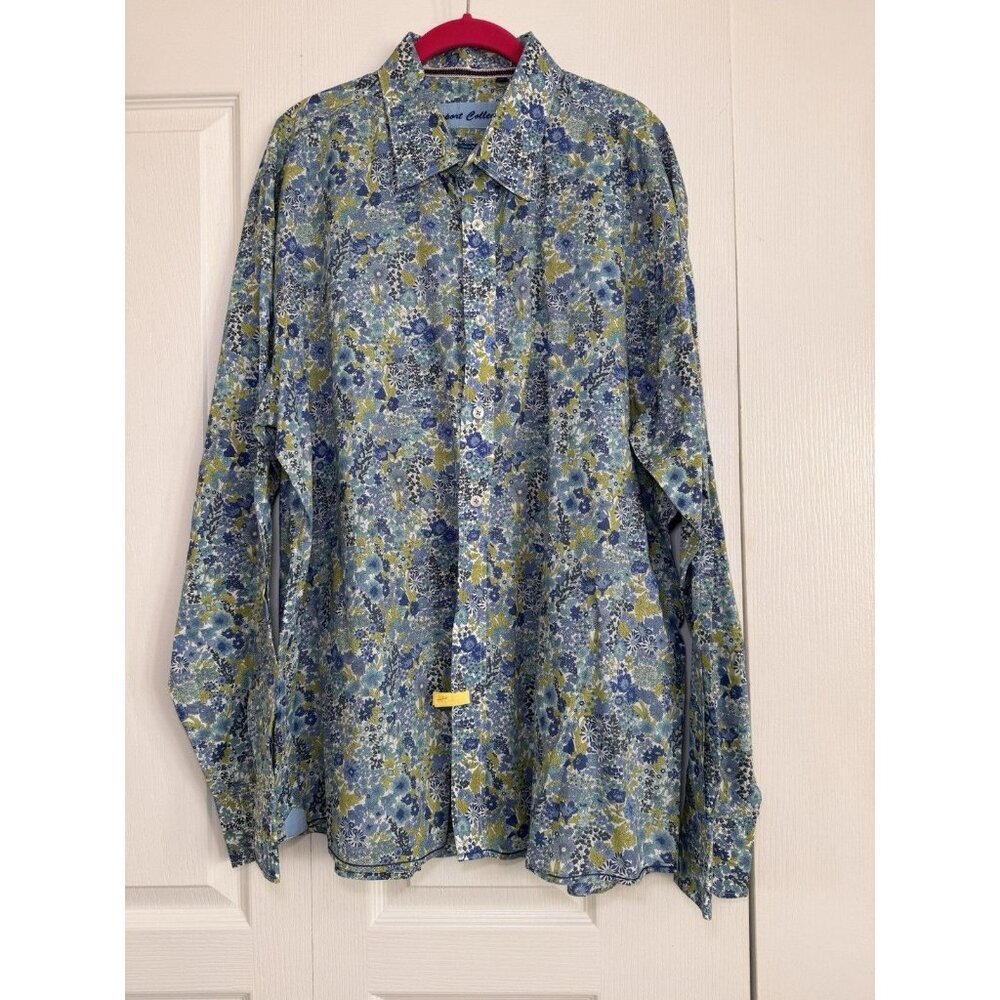 Report Collection Shirt Mens XXL Blue Green Floral Island Washed Button Up